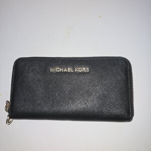 Michael Kors Black Saffiano Zip Wallet with Gold Logo